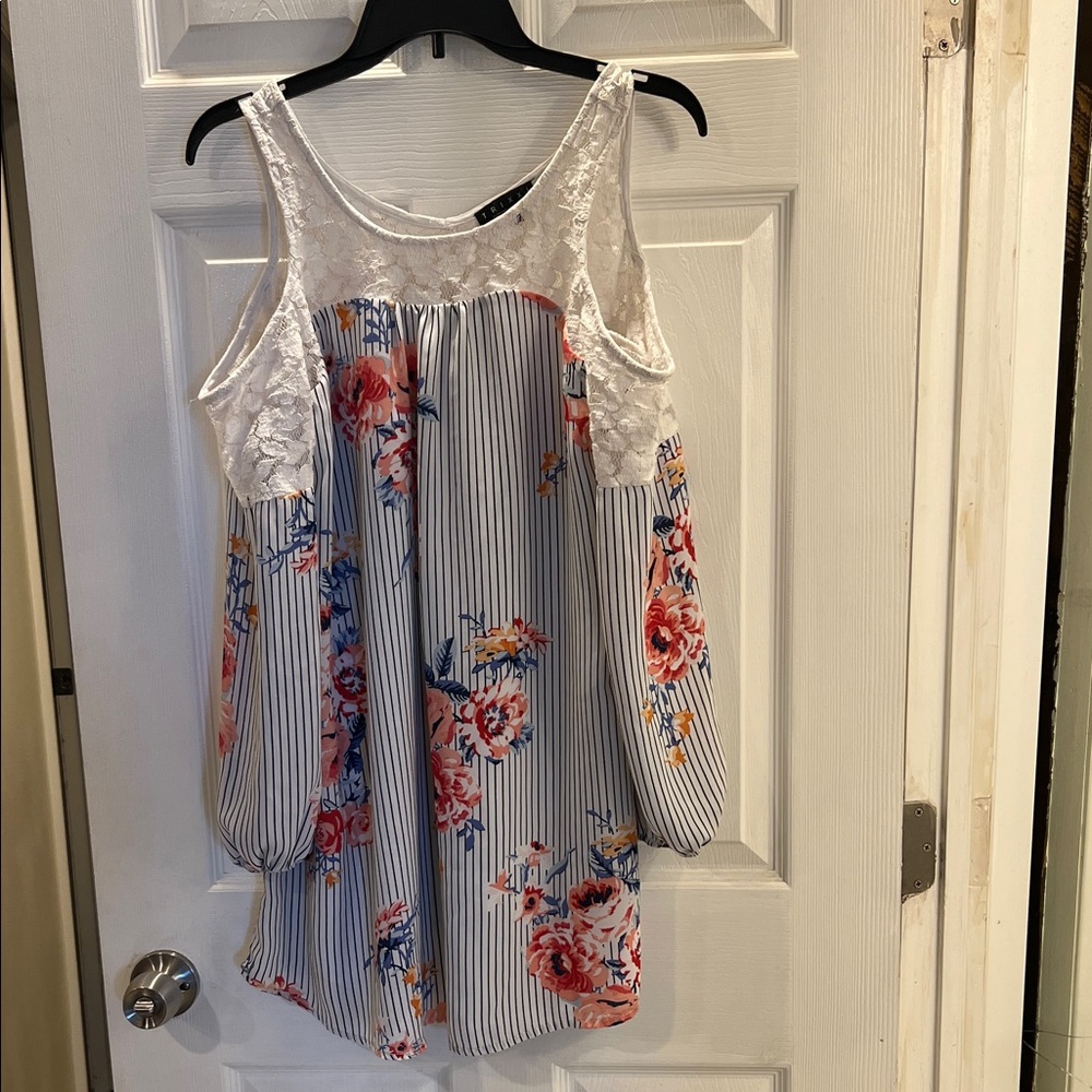 Trixxi White Lace Cold-Shoulder Top or Dress with Blue Stripes & Pink Floral